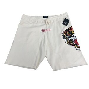 Ed Hardy Men's Ivory Short Roaring Tiger Sweat W/Pink Ed Hardy On Back  Size XL